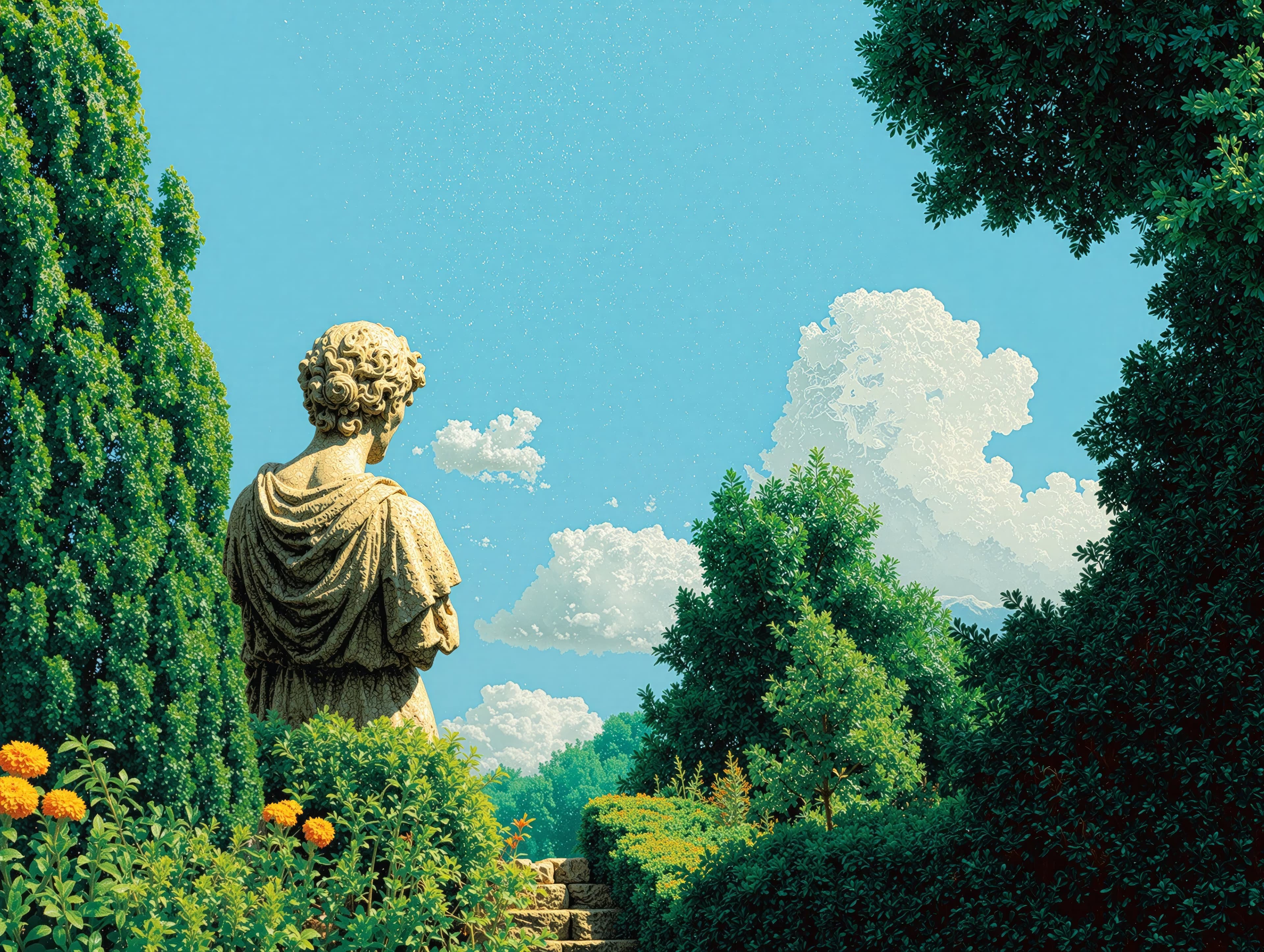 memberr pixel art statue in garden