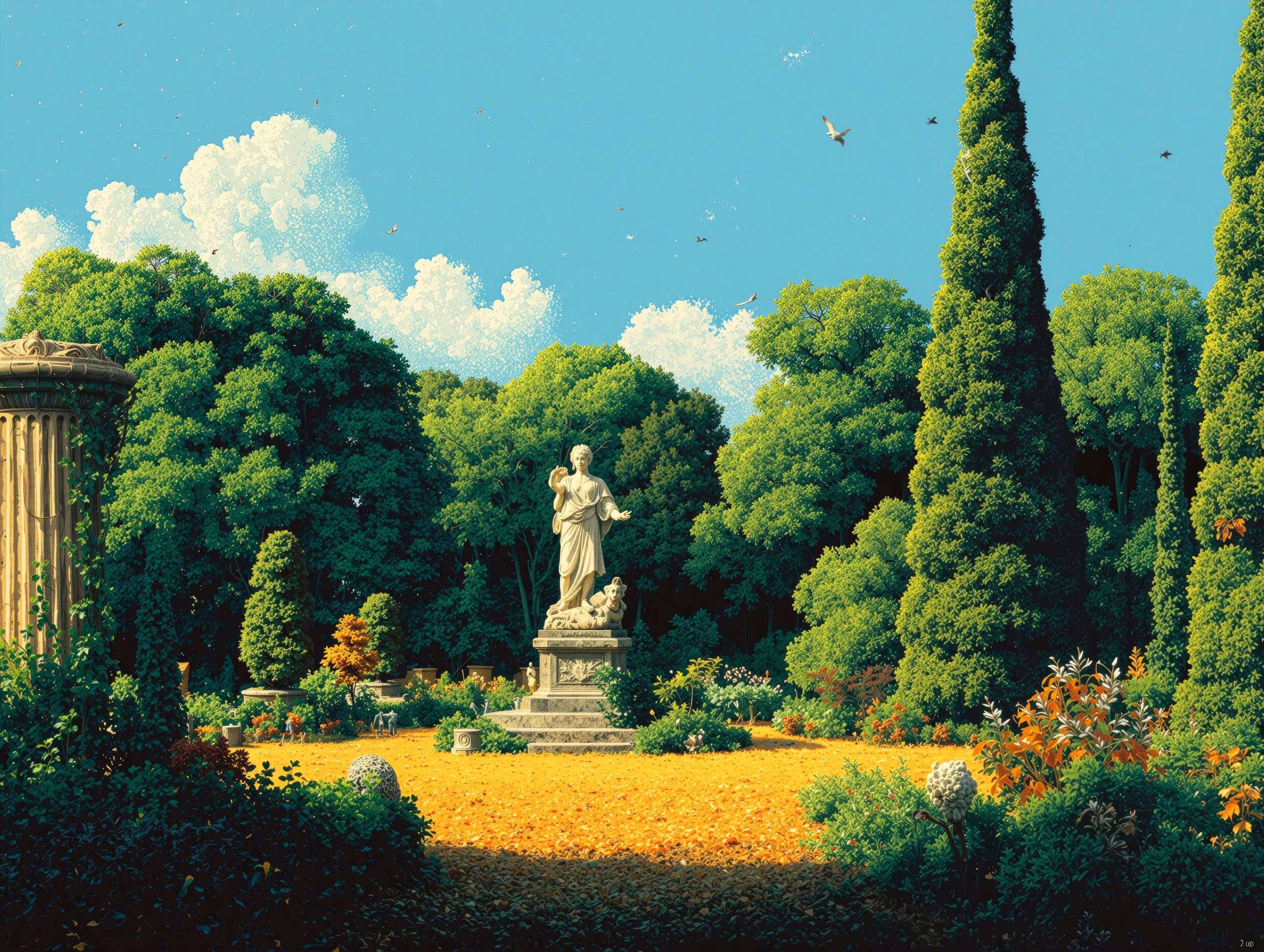 memberr pixel art garden with statue and cypress trees