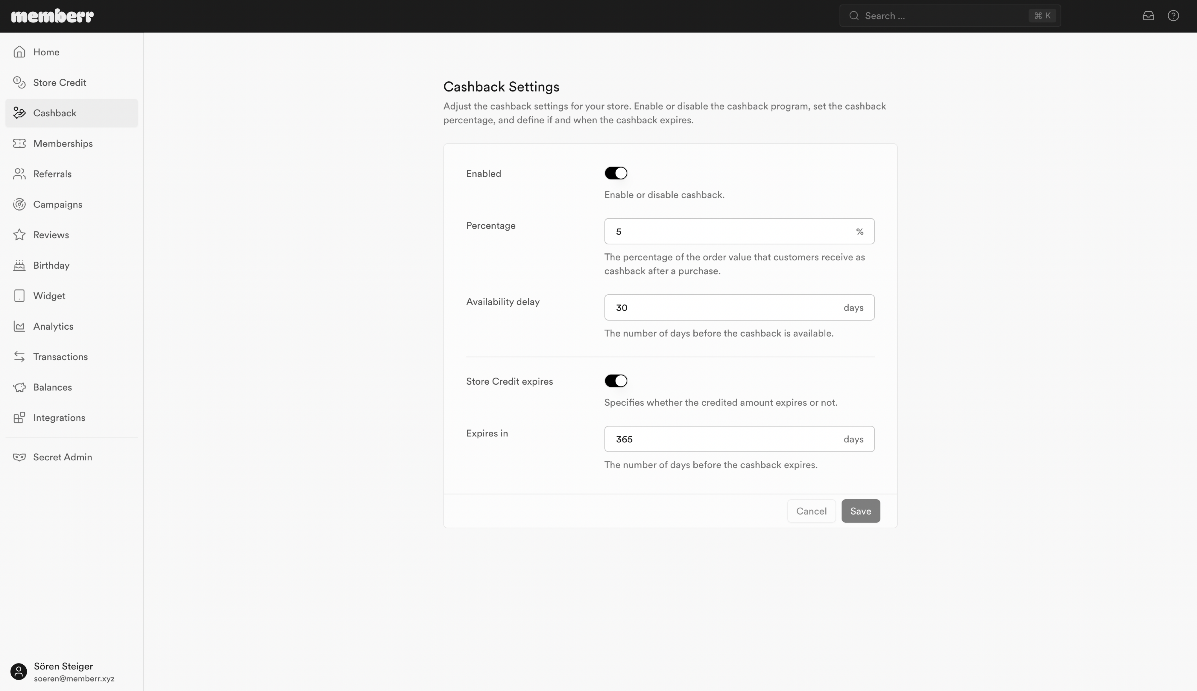 Cashback-Einstellungen in memberr