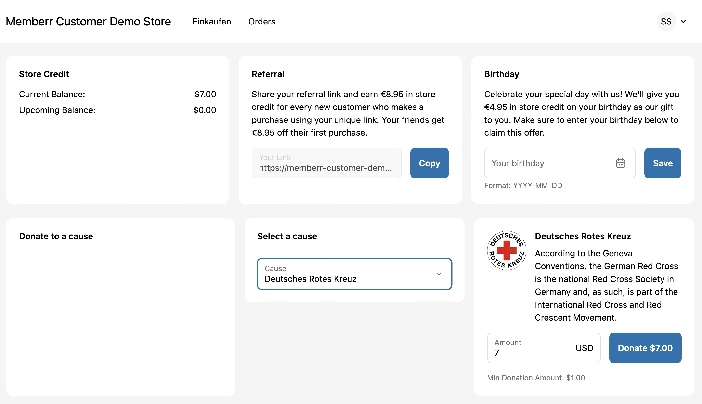 memberr Store Credit Donations Übersicht