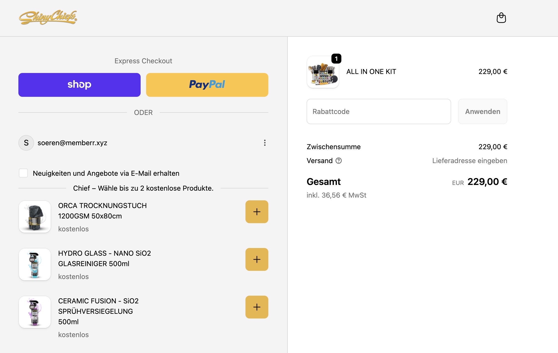 Chief-Stufe im Checkout: bis zu 2 kostenlose Premium-Produkte zur Bestellung dazu - ohne Code, ohne Reibung.